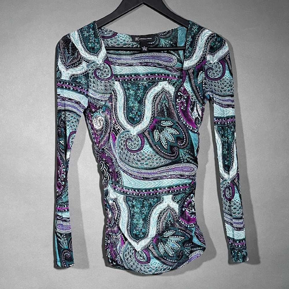 INC International Concepts Multi Color StretchTunic Square Neckline Size S‎